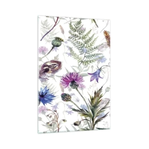 Glasbild - Bild auf glas - Aquarellblumen und Kräuter auf weißem Hintergrund im Herbarium-Stil - 80x120cm - Polnisches Herbarium - Moderne Wanddekoration für Wohnzimmer und Schlafzimmer ARTTOR