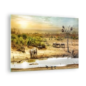 Glasbild - Bild auf glas - Elefanten und Tiere an einer Wasserstelle vor dem Hintergrund einer afrikanischen Landschaft - 70x50cm - Ein Fluss floss aus Eden ... - Moderne Wanddekoration für Wohnzimmer und Schlafzimmer ARTTOR