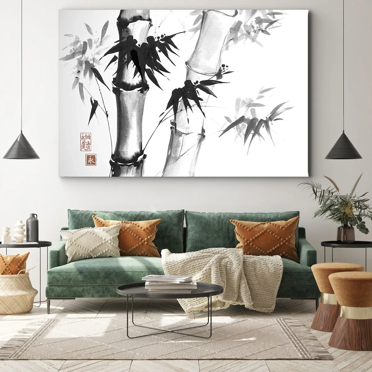 Bild auf Leinwand - Leinwandbild - Aquarell-Bambus im japanischen Stil auf weißem Hintergrund - 70x50cm - Dem Orient ganz nah - Moderne Wanddekoration für Wohnzimmer und Schlafzimmer ARTTOR