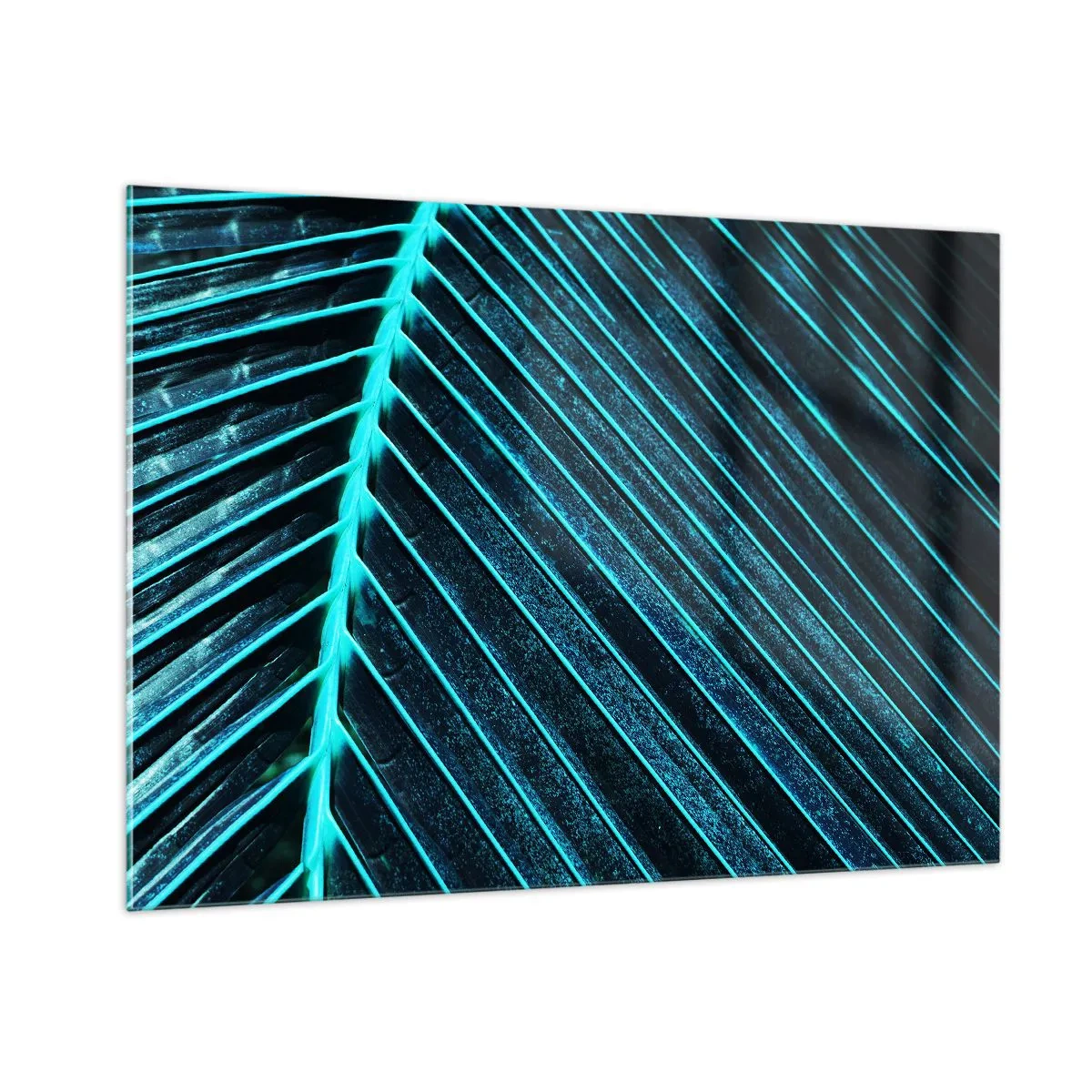 Glasbild - Bild auf glas - Makrofotografie eines Palmblattes in Türkistönen - 100x70cm - Grüne Textur - Moderne Wanddekoration für Wohnzimmer und Schlafzimmer ARTTOR