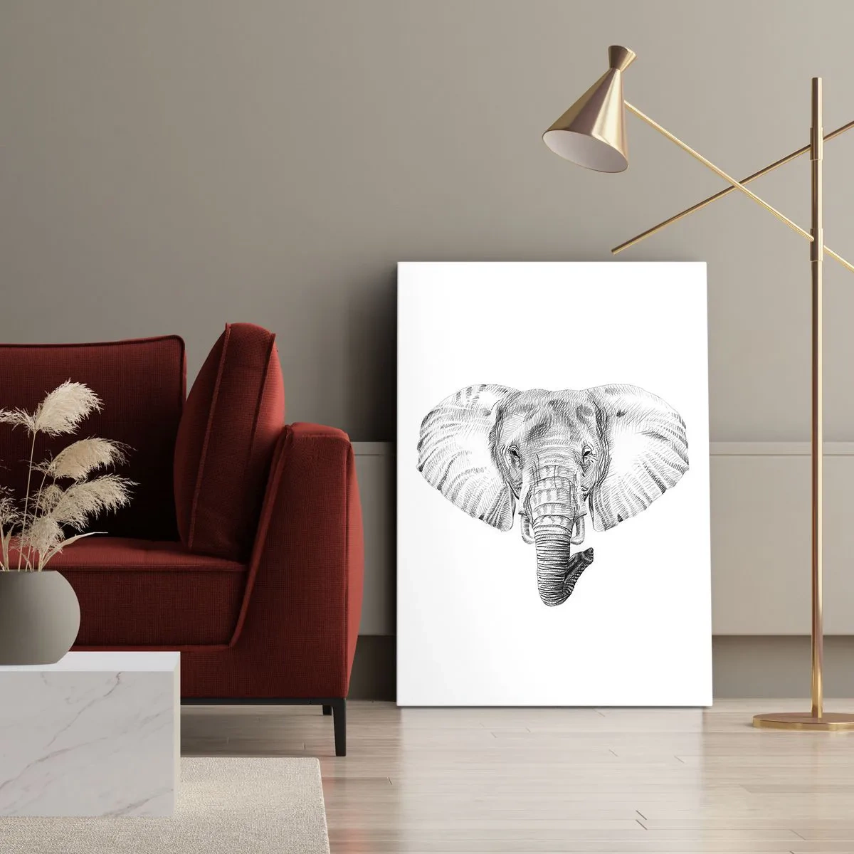 Bild auf Leinwand - Leinwandbild - Schwarz-weiße Zeichnung eines Elefantenkopfes auf weißem Hintergrund - 80x120cm - Da war ein Elefant, so groß wie - ein Elefant - Moderne Wanddekoration für Wohnzimmer und Schlafzimmer ARTTOR