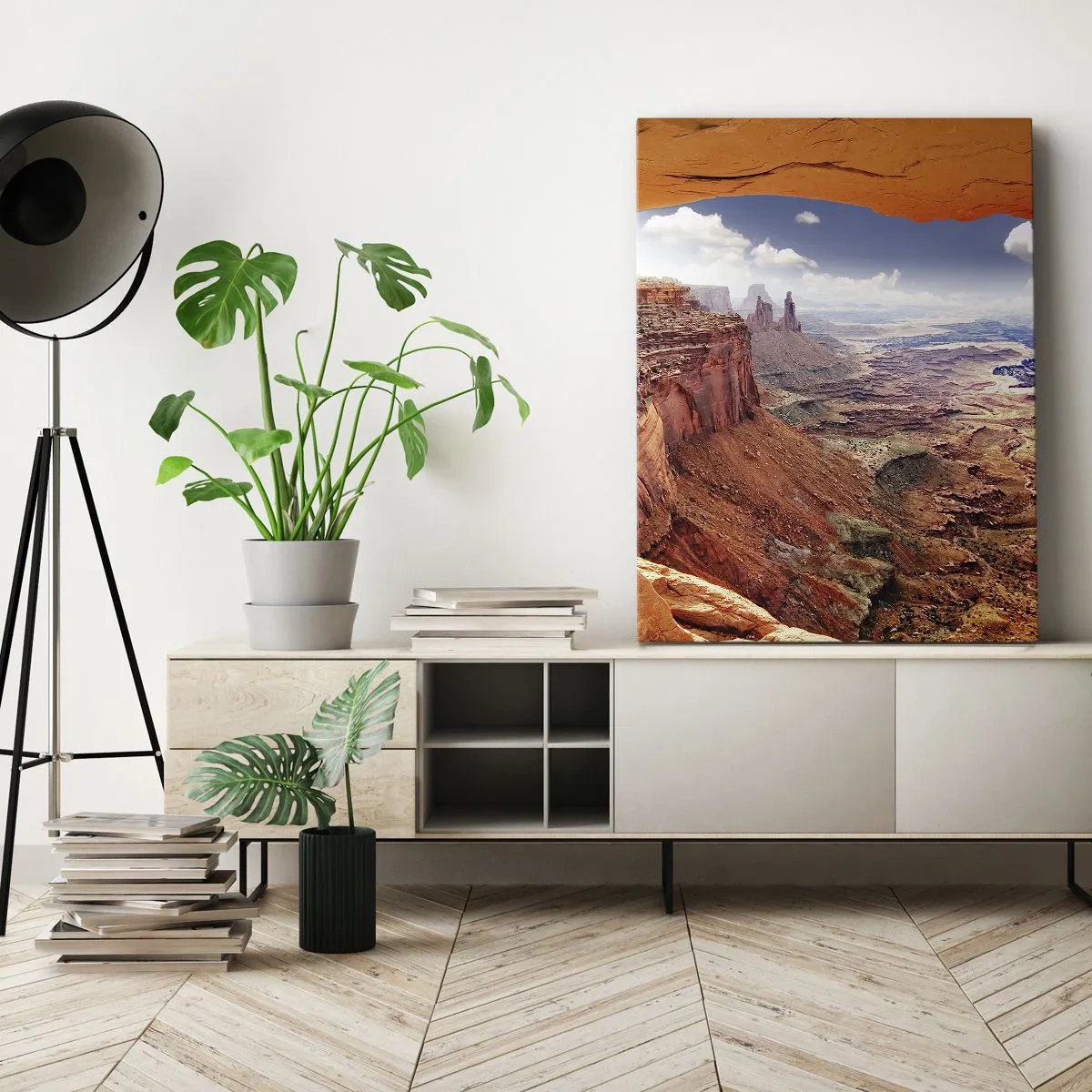 Bild auf Leinwand - Leinwandbild - Canyon durch ein Felsfenster mit warmen Felstönen gesehen - 70x100cm - Von der Natur selbst geschnitzt - Moderne Wanddekoration für Wohnzimmer und Schlafzimmer ARTTOR
