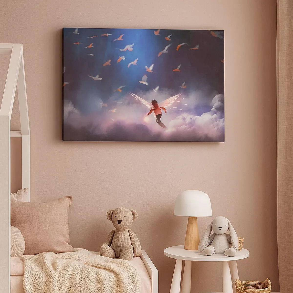 Bild auf Leinwand - Leinwandbild - Eine Figur mit Engelsflügeln, die zwischen Vögeln am Himmel schwebt - 70x50cm - Du brauchst Fantasie und Mut - Moderne Wanddekoration für Wohnzimmer und Schlafzimmer ARTTOR