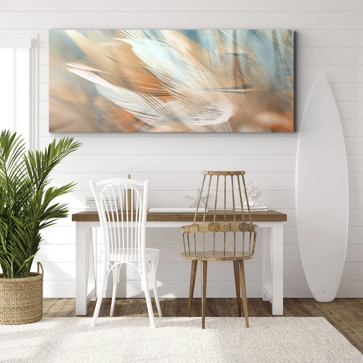 Bild auf Leinwand - Leinwandbild - Zarte Federn in Pastelltönen von Blau und Orange - 160x50cm - Im Land der Sanftmut - Moderne Wanddekoration für Wohnzimmer und Schlafzimmer ARTTOR