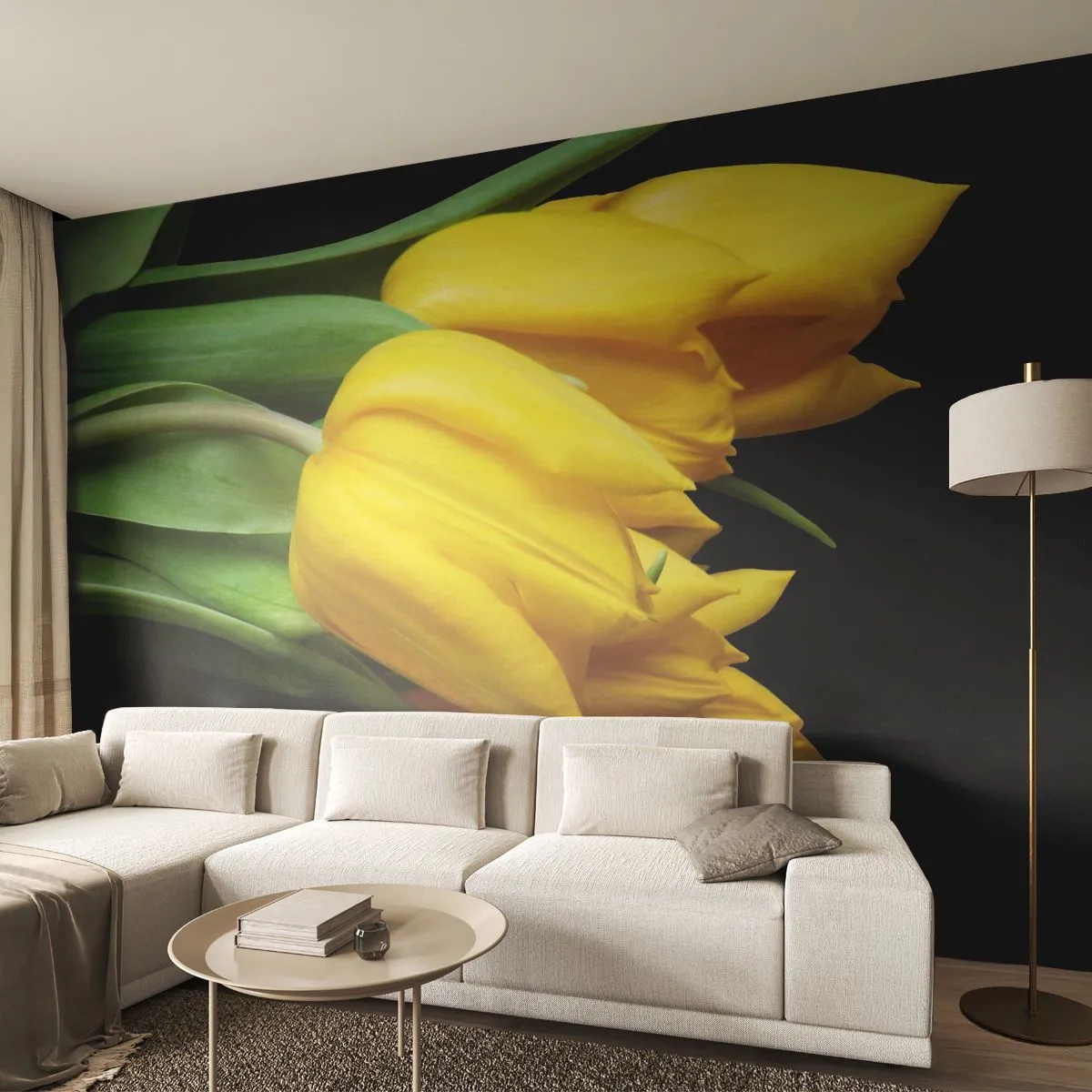 Fototapete Premium Sand - Gelbe Tulpen auf schwarzem Hintergrund - 100x70cm - Aus klarer Sonne entstanden - Moderne Wanddekoration für Wohnzimmer und Schlafzimmer ARTTOR