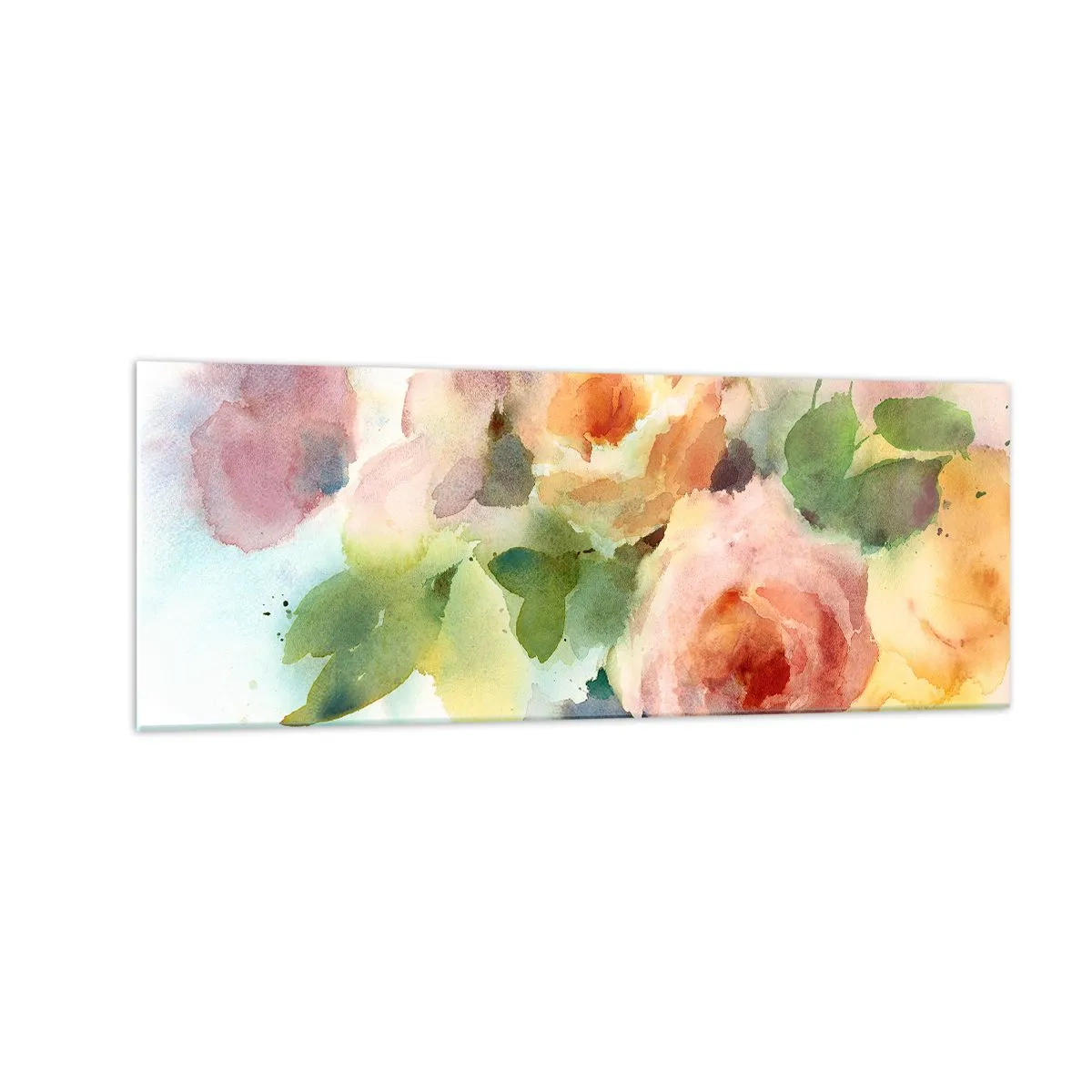 Glasbild - Bild auf glas - Zarte Rosen im Aquarell-Stil auf hellem Hintergrund - 140x50cm - Zart wie Aquarell - Moderne Wanddekoration für Wohnzimmer und Schlafzimmer ARTTOR