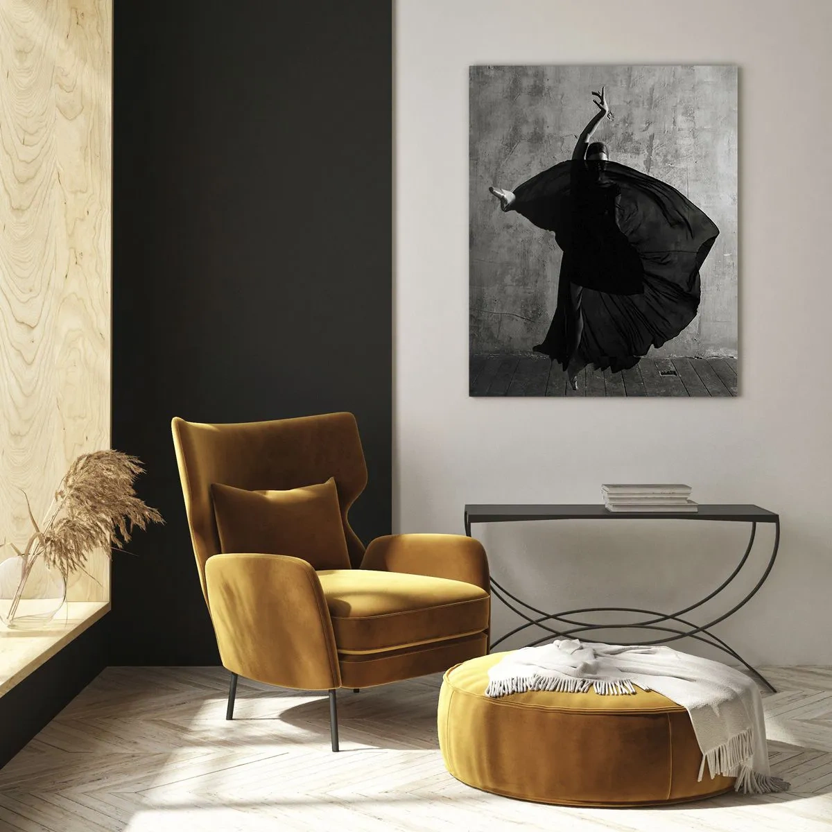 Glasbild - Bild auf glas - Schwarz-weiße Silhouette einer Tänzerin in dynamischer Pose - 50x70cm - Leidenschaftlicher Gürtel - Moderne Wanddekoration für Wohnzimmer und Schlafzimmer ARTTOR