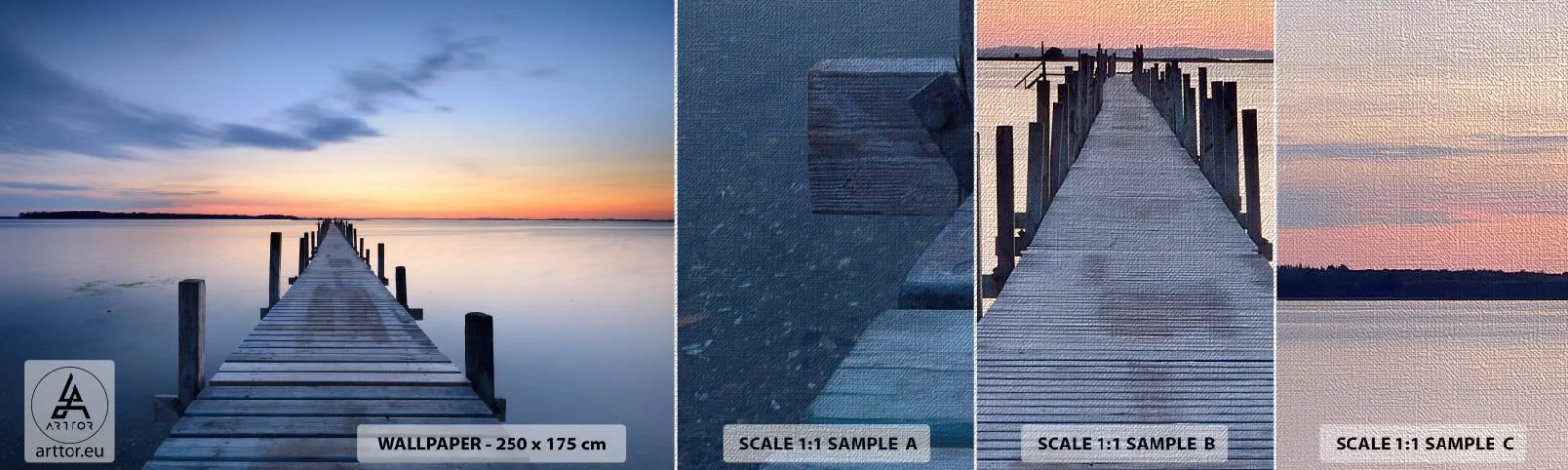 Fototapeten Muster Premium Canvas - Die Ruhe einer heiteren Dämmerung - Landschaft, Bucht, Holzbrücke - 100x30 cm