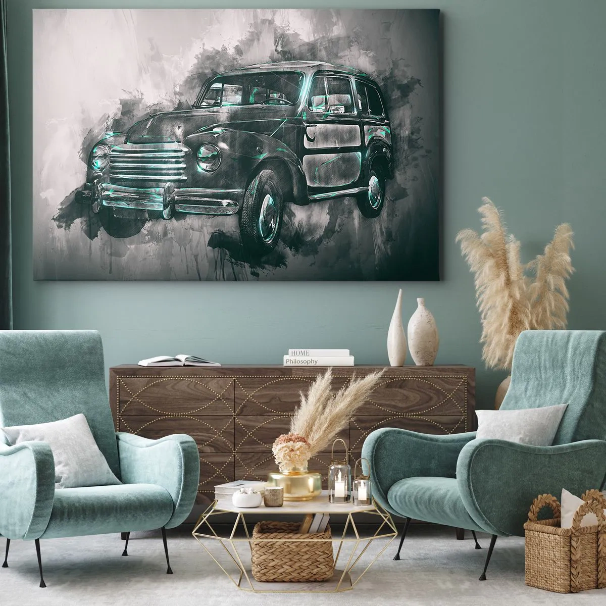 Bild auf Leinwand - Leinwandbild - Ein klassisches Retro-Auto vor künstlerischer Kulisse - 120x80cm - Geehrter Vorfahr - Moderne Wanddekoration für Wohnzimmer und Schlafzimmer ARTTOR