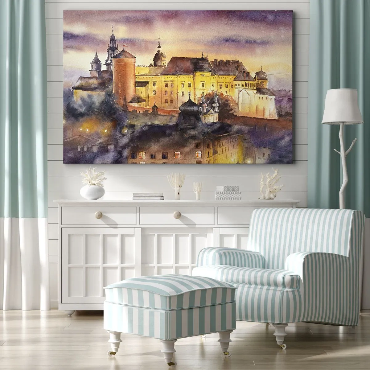 Bild auf Leinwand - Leinwandbild - Ein malerisches Aquarell einer Burg bei Sonnenuntergang - 70x50cm - Geschichte und Märchen - Moderne Wanddekoration für Wohnzimmer und Schlafzimmer ARTTOR