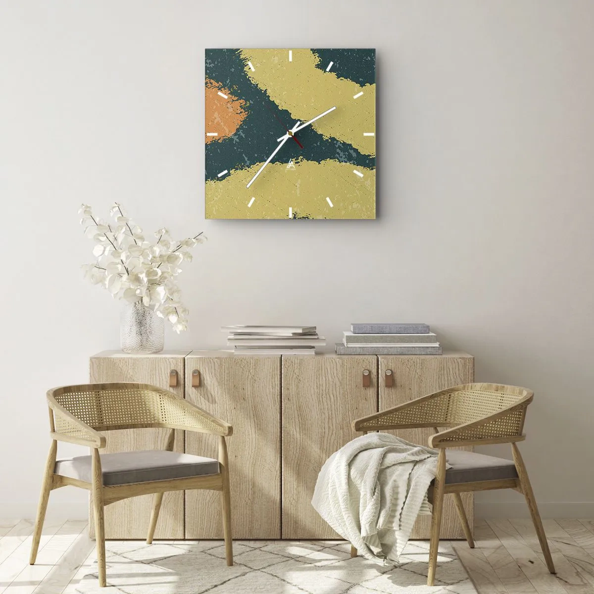 Wanduhr - Glasuhr - Abstrakte Flecken in erdigen und grünen Farben - 30x30cm - Abstraktion – langsame Bewegung - Moderne Wanddekoration für Wohnzimmer und Schlafzimmer ARTTOR