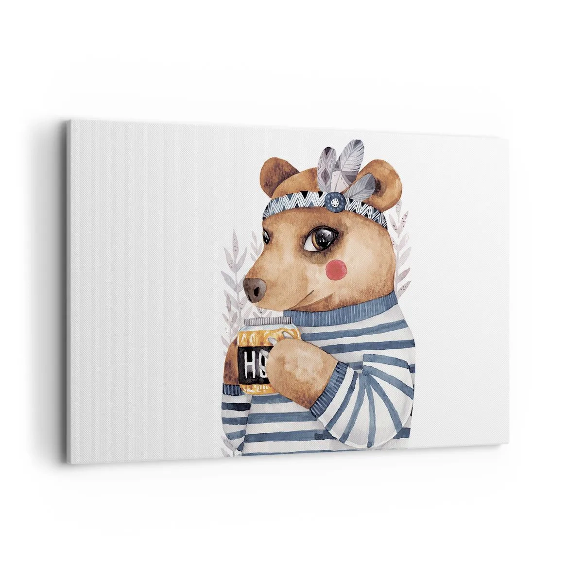 Bild auf Leinwand - Leinwandbild - Ein Teddybär im gestreiften Pullover mit einer Tasse Honig - 120x80cm - Süße Bärin - Moderne Wanddekoration für Wohnzimmer und Schlafzimmer ARTTOR