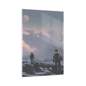 Glasbild - Bild auf glas - Astronauten auf einem fremden Planeten mit einem Raumschiffwrack - 80x120cm - Unter einem unbekannten Stern - Moderne Wanddekoration für Wohnzimmer und Schlafzimmer ARTTOR