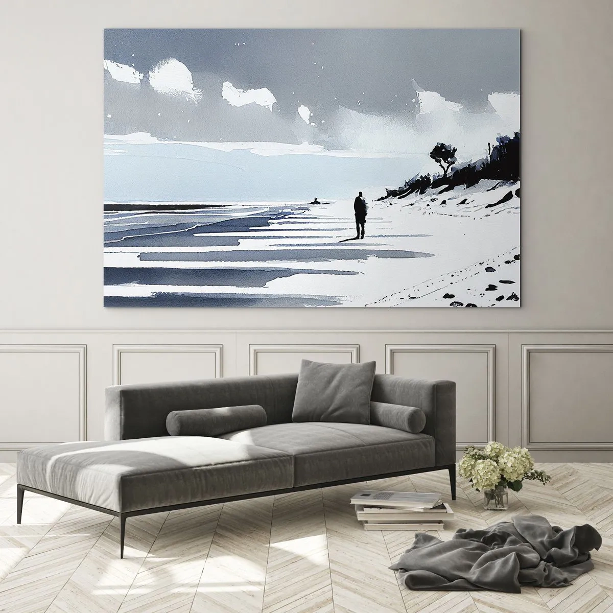 Glasbild - Bild auf glas - Silhouette einer einsamen Person, die an einem leeren Strand spazieren geht - 70x50cm - Allein sein - Moderne Wanddekoration für Wohnzimmer und Schlafzimmer ARTTOR
