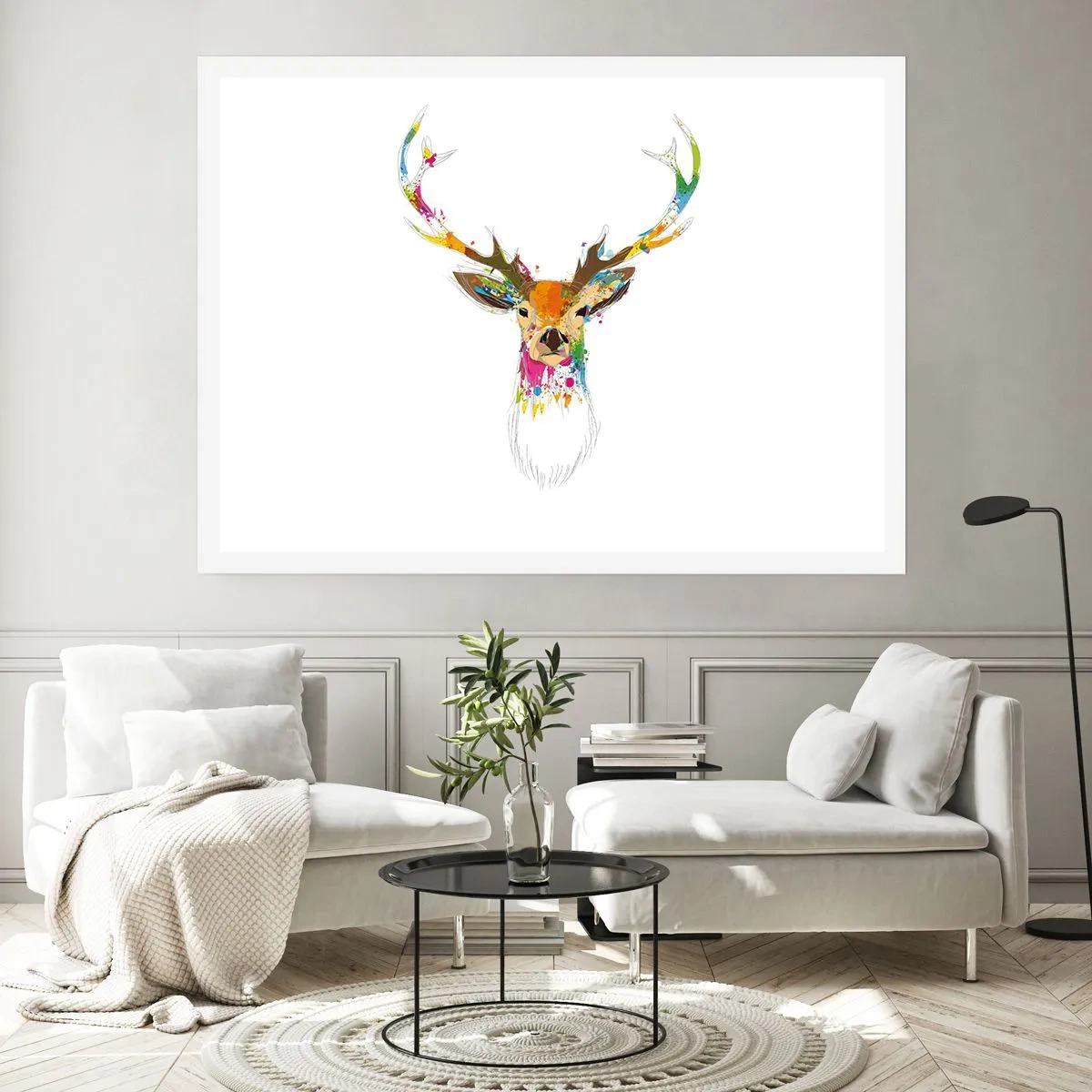 Poster - Bunter Hirschkopf im künstlerischen Stil - 100x70cm - Ein mildes Reh in Farbe getaucht - Moderne Wanddekoration für Wohnzimmer und Schlafzimmer ARTTOR