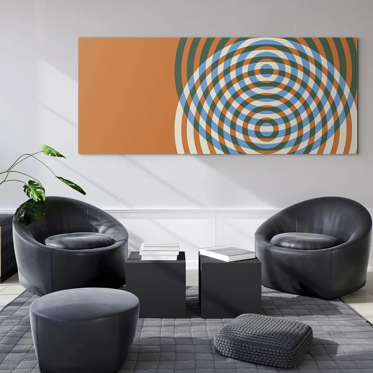 Glasbild - Bild auf glas - Konzentrische Kreise auf orangefarbenem Hintergrund - 160x50cm - Abstrakte kreisförmige Variation - Moderne Wanddekoration für Wohnzimmer und Schlafzimmer ARTTOR