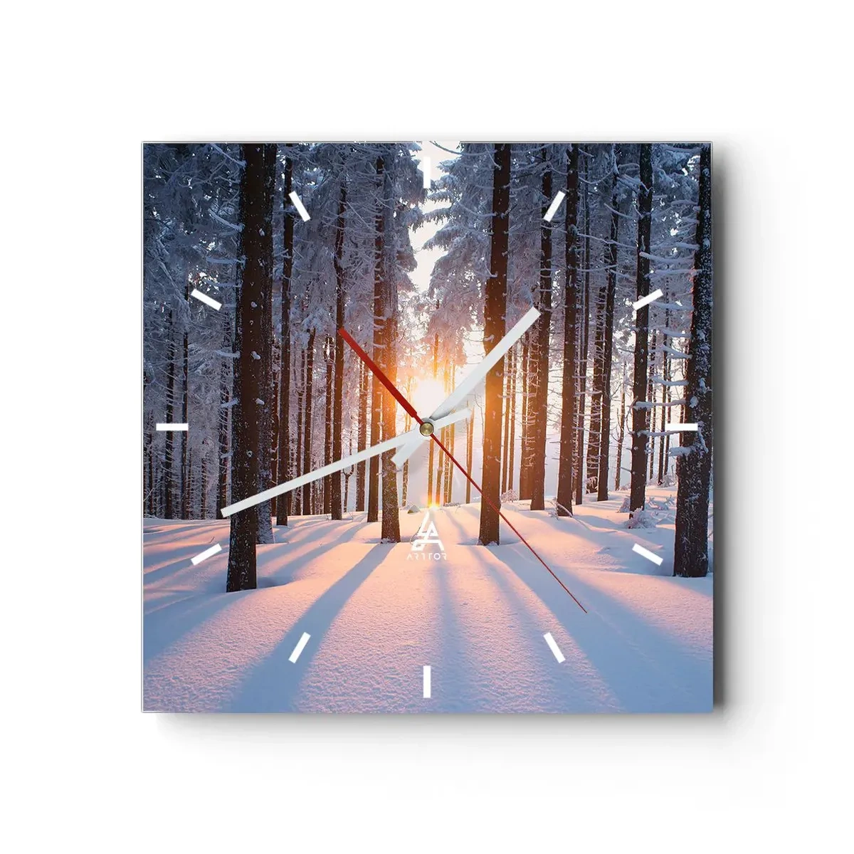 Wanduhr - Glasuhr - Winterwald, beleuchtet von den Sonnenstrahlen - 30x30cm - Ganz klar schwarz auf weiß - Moderne Wanddekoration für Wohnzimmer und Schlafzimmer ARTTOR