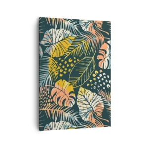 Bild auf Leinwand - Leinwandbild - Bunte Blätter auf dunklem Hintergrund - 50x70cm - Grüne Fantasie - Moderne Wanddekoration für Wohnzimmer und Schlafzimmer ARTTOR