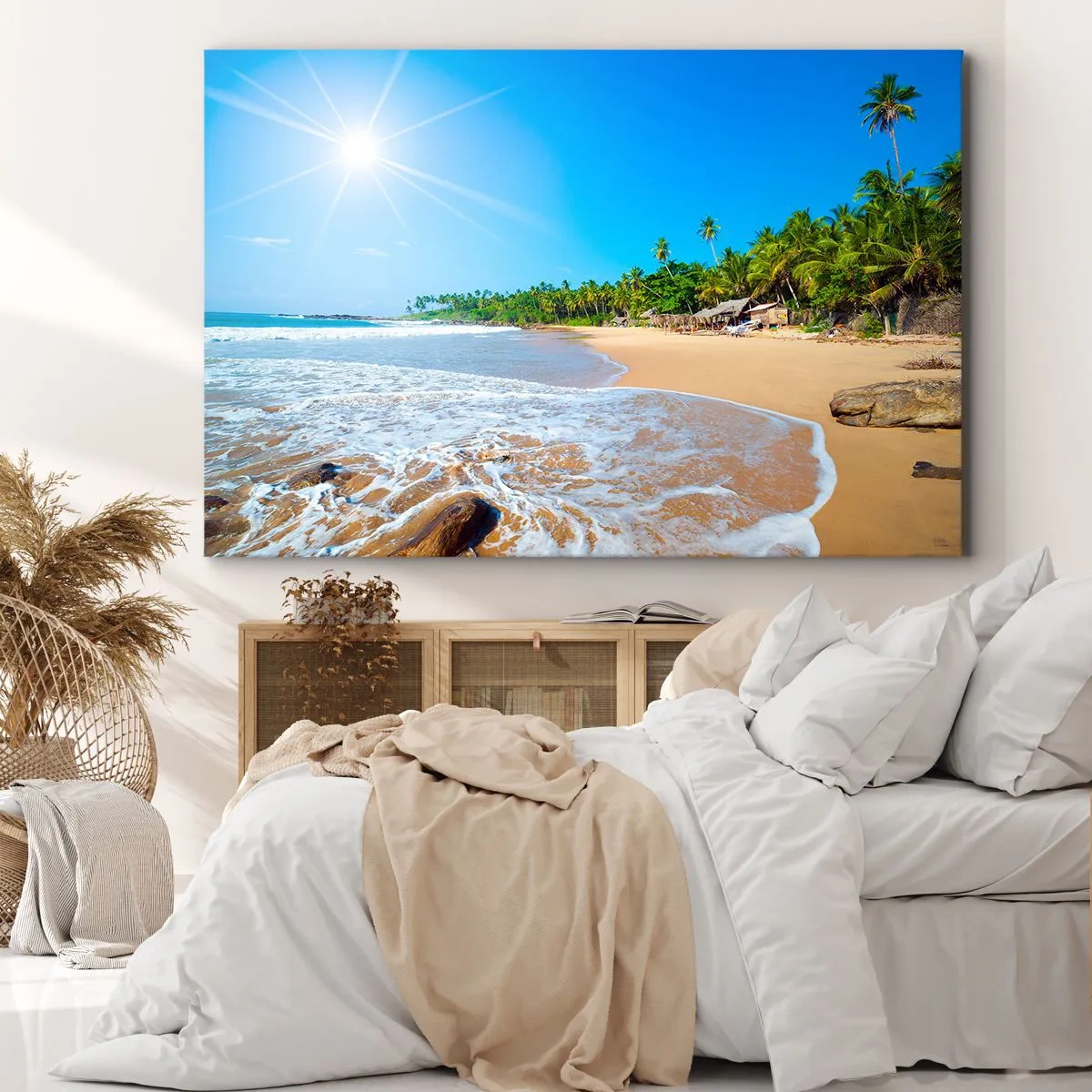 Bild auf Leinwand - Leinwandbild - Tropischer Strand mit Palmen und blauem Himmel - 120x80cm - Ein exotischer Ort für dich - Moderne Wanddekoration für Wohnzimmer und Schlafzimmer ARTTOR