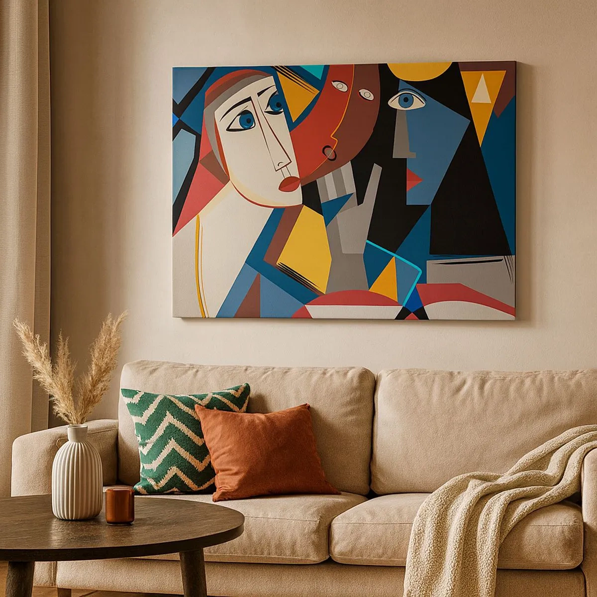 Bild auf Leinwand - Leinwandbild - Kubistische Gesichter in intensiven Farben - 70x50cm - Gespräch zwischen Kubisten - Moderne Wanddekoration für Wohnzimmer und Schlafzimmer ARTTOR