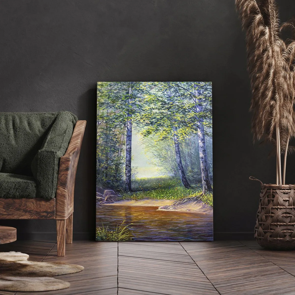 Bild auf Leinwand - Leinwandbild - Ein Waldbach, umgeben von Birken und Sonnenschein - 70x100cm - Idyllische Landschaft - Moderne Wanddekoration für Wohnzimmer und Schlafzimmer ARTTOR