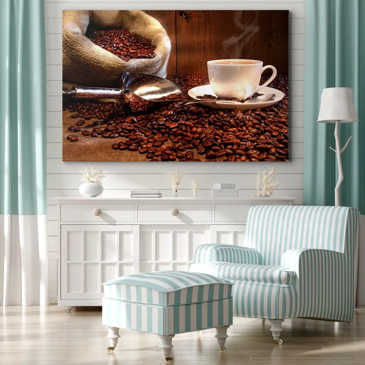 Bild auf Leinwand - Leinwandbild - Eine Tasse Kaffee mit Kaffeebohnen und einem Getreidesack im Hintergrund - 70x50cm - Fühlst du diesen Geruch? - Moderne Wanddekoration für Wohnzimmer und Schlafzimmer ARTTOR