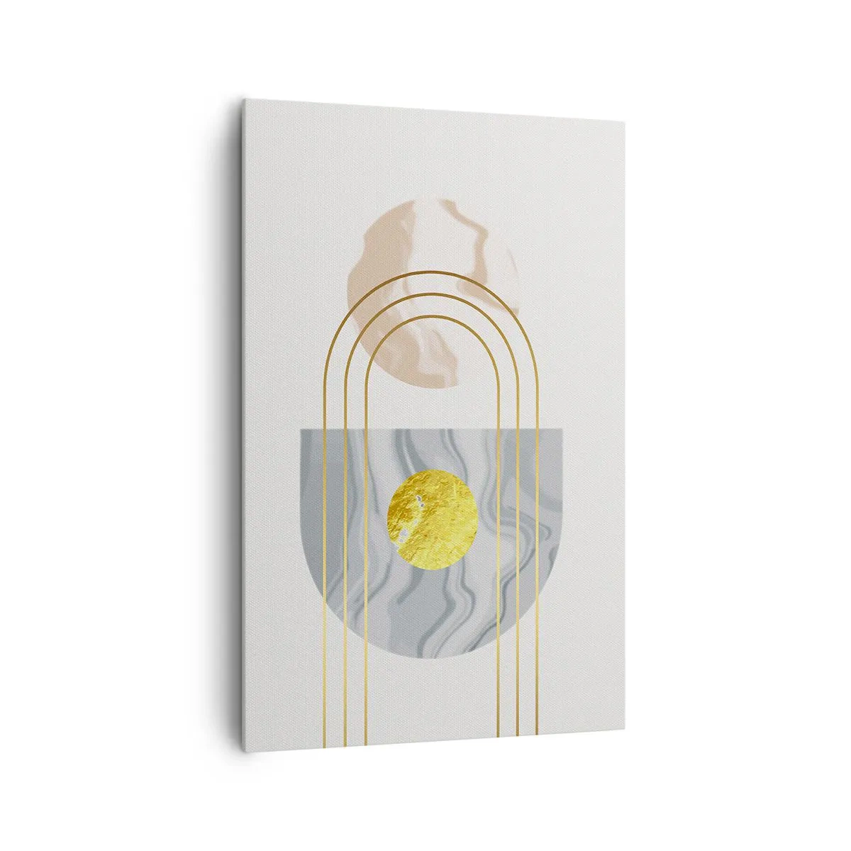 Bild auf Leinwand - Leinwandbild - Abstrakte Komposition mit Kreisen und goldenen Linien auf hellem Hintergrund. - 80x120cm - Helligkeit und Brillanz - Moderne Wanddekoration für Wohnzimmer und Schlafzimmer ARTTOR