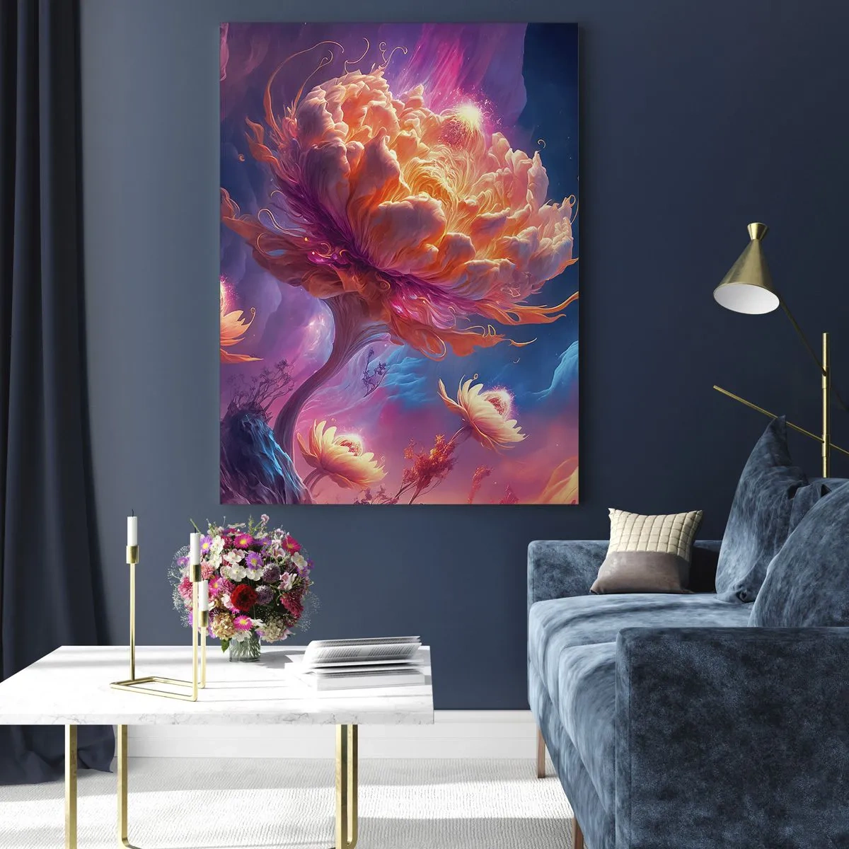 Glasbild - Bild auf glas - Fantasieblumen in einer kosmischen Landschaft - 70x100cm - Andere Welt - Moderne Wanddekoration für Wohnzimmer und Schlafzimmer ARTTOR