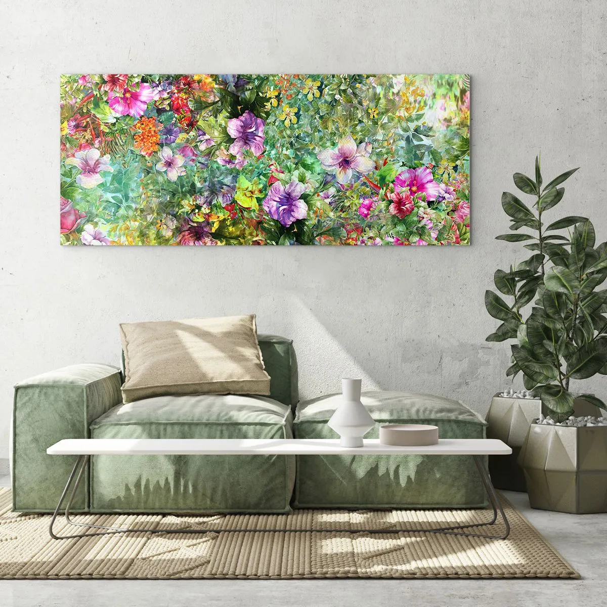 Glasbild - Bild auf glas - Ein buntes Blumenarrangement auf grünem Hintergrund - 160x50cm - In Blumen für das Verderben - Moderne Wanddekoration für Wohnzimmer und Schlafzimmer ARTTOR