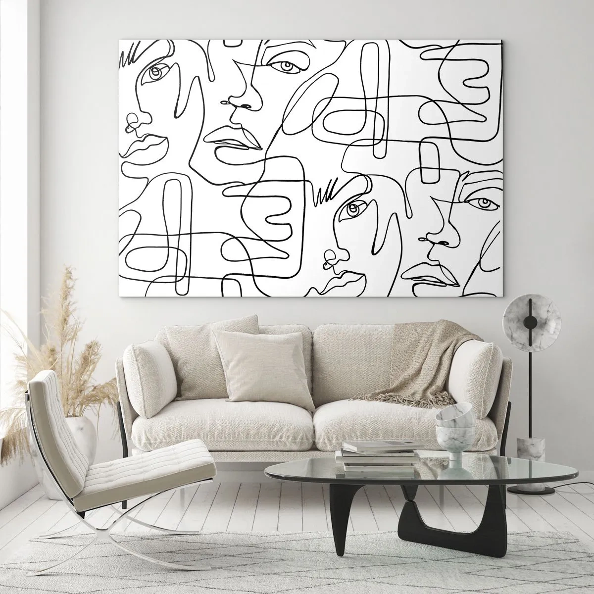 Glasbild - Bild auf glas - Schwarz-weiße Strichzeichnungen von Gesichtern - 70x50cm - In verworrenen Gefühlen - Moderne Wanddekoration für Wohnzimmer und Schlafzimmer ARTTOR
