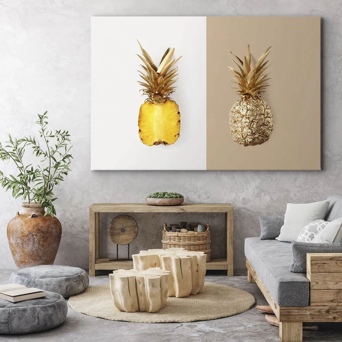 Bild auf Leinwand - Leinwandbild - Eine halbe frische, goldene Ananas auf kontrastierendem Hintergrund - 100x70cm - Ananas für uns - Moderne Wanddekoration für Wohnzimmer und Schlafzimmer ARTTOR