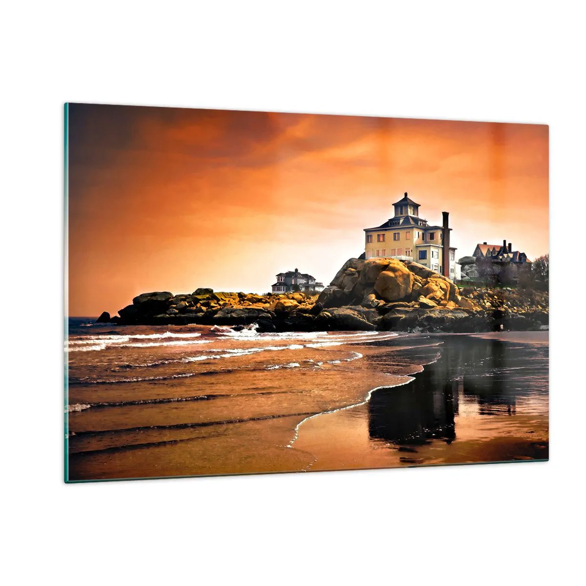 Glasbild - Bild auf glas - Haus auf einer Klippe mit Blick auf das Meer bei Sonnenuntergang - 120x80cm - Eleganz der Westküste - Moderne Wanddekoration für Wohnzimmer und Schlafzimmer ARTTOR