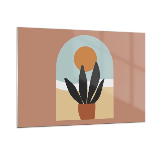 Glasbild - Bild auf glas - Eine abstrakte Szene mit einer Topfpflanze und der Sonne im Hintergrund, in Pastellfarben. - 120x80cm - Kleine Freuden - Moderne Wanddekoration für Wohnzimmer und Schlafzimmer ARTTOR