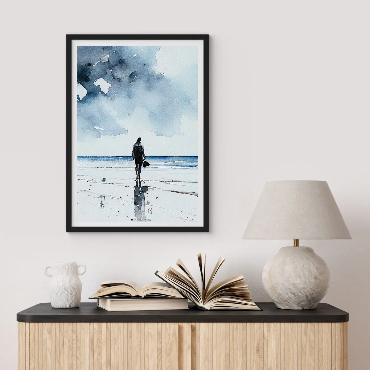 Poster in einem schwarzem Rahmen - Aquarelllandschaft mit einer Figur am Strand - 50x70cm - Gespräch mit dem Meer - Moderne Wanddekoration für Wohnzimmer und Schlafzimmer ARTTOR