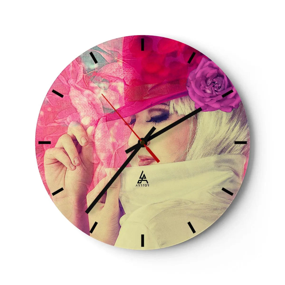 Wanduhr - Glasuhr - Stilisiertes Porträt einer Frau in Rosa- und Weißtönen - 30x30cm - Retro-Porträt in einem rosa Nebel - Moderne Wanddekoration für Wohnzimmer, Küche und Schlafzimmer ARTTOR