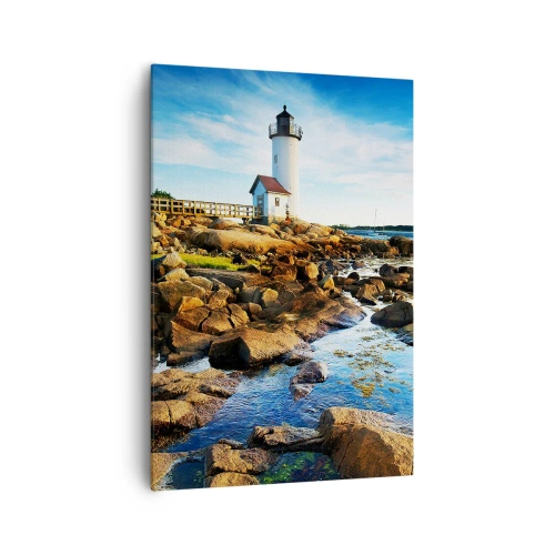 Bild auf Leinwand - Leinwandbild - Ein Leuchtturm an einer felsigen Küste an einem sonnigen Tag - 70x100cm - Komm glücklich zurück, ich warte - Moderne Wanddekoration für Wohnzimmer und Schlafzimmer ARTTOR