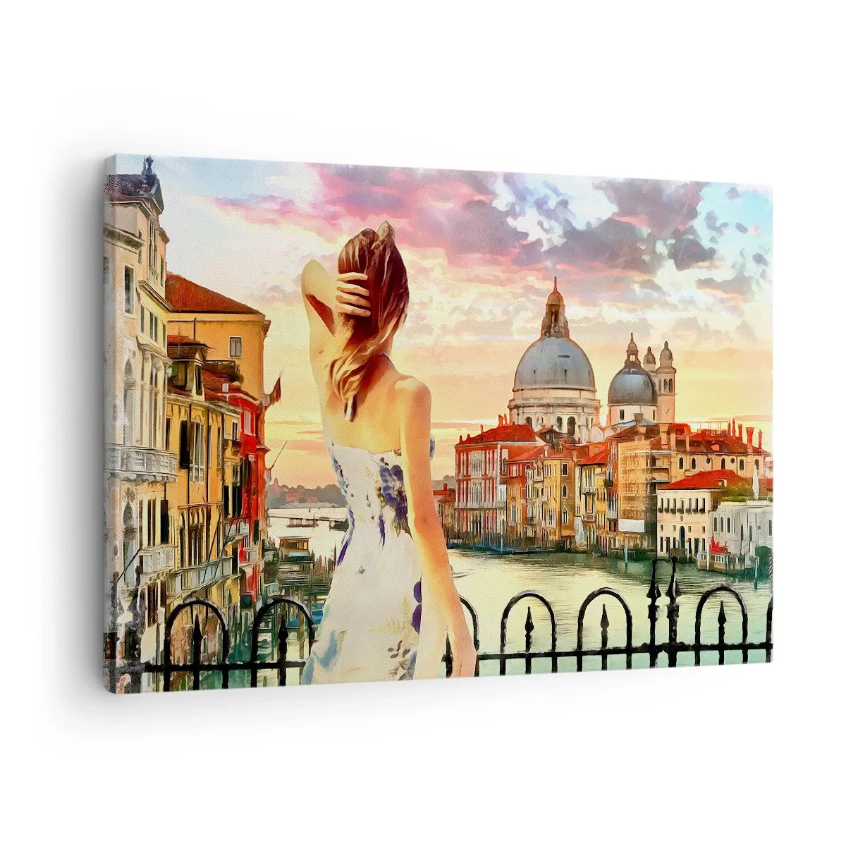 Bild auf Leinwand - Leinwandbild - Eine Frau bewundert die malerische Landschaft am Kanal - 70x50cm - Als Abenteuer nur in ... - Moderne Wanddekoration für Wohnzimmer und Schlafzimmer ARTTOR