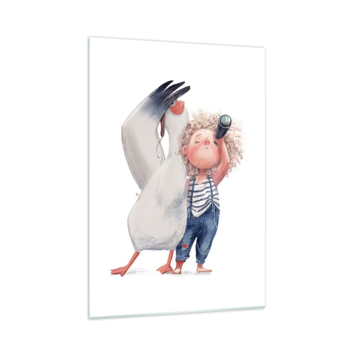 Glasbild - Bild auf glas - Baby mit Fernglas und Storch im lustigen Illustrationsstil - 50x70cm - Toller Reiseplan - Moderne Wanddekoration für Wohnzimmer und Schlafzimmer ARTTOR