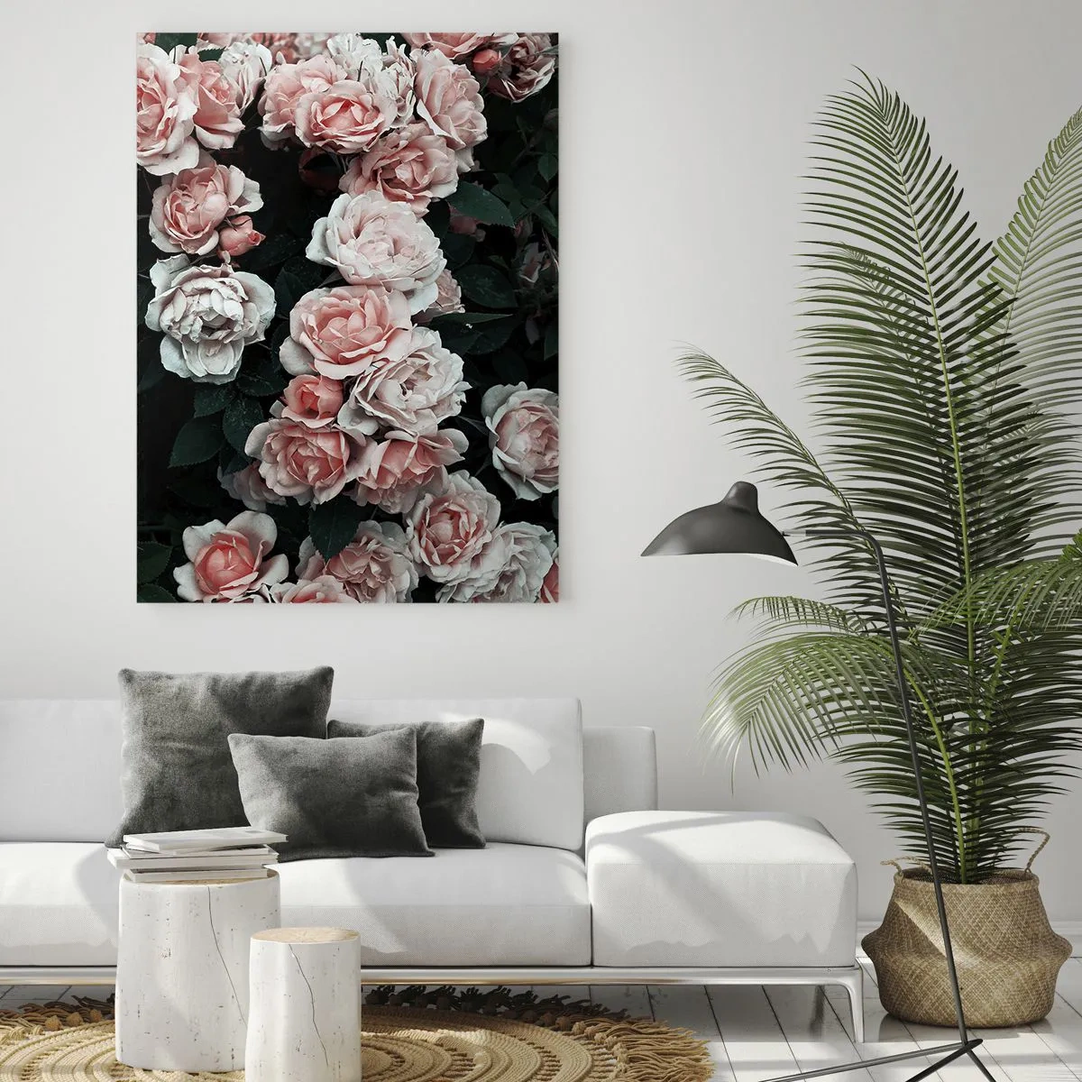 Glasbild - Bild auf glas - Rosa Rosen auf dunklem Hintergrund in einer subtilen Komposition - 80x120cm - Rosen-Ensemble - Moderne Wanddekoration für Wohnzimmer und Schlafzimmer ARTTOR