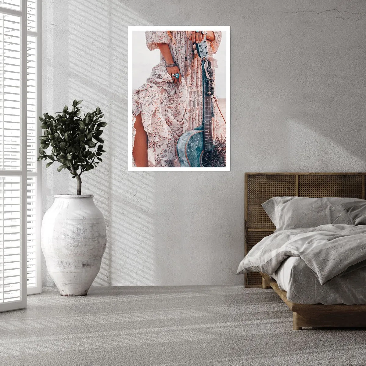 Poster - Ein Fragment eines Kleides mit Ornamenten und einer Gitarre im Boho-Stil - 50x70cm - Kinderblumen auf dem Weg - Moderne Wanddekoration für Wohnzimmer und Schlafzimmer ARTTOR