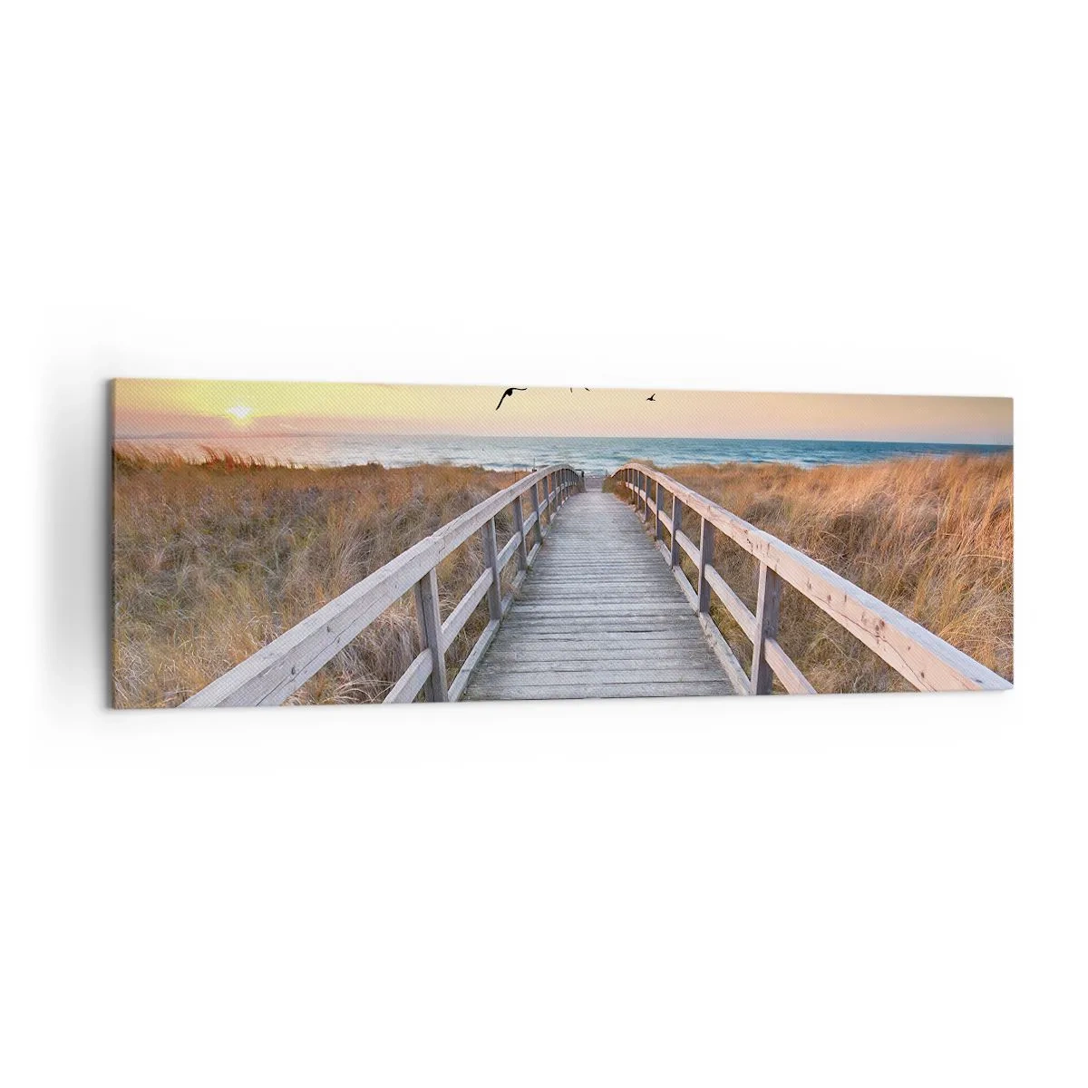 Bild auf Leinwand - Leinwandbild - Holzsteg zum Strand bei Sonnenuntergang - 160x50cm - Der Raum für Auffliegen - Moderne Wanddekoration für Wohnzimmer und Schlafzimmer ARTTOR
