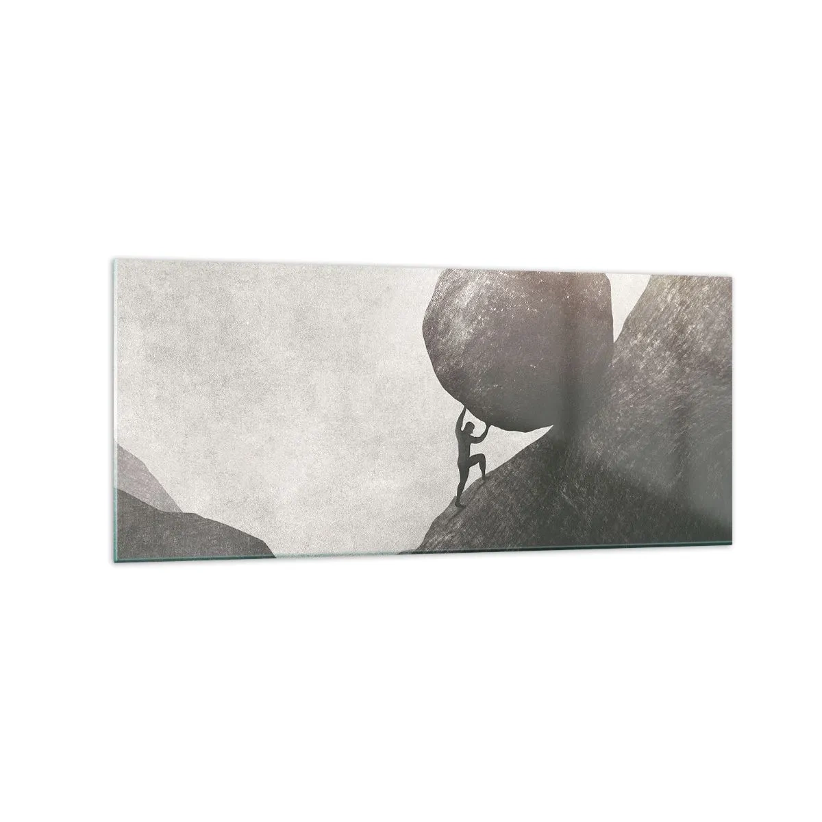 Glasbild - Bild auf glas - Ein Mann klettert einen riesigen Felsbrocken einen Hügel hinauf - 120x50cm - Ich glaube wider alle Hoffnung - Moderne Wanddekoration für Wohnzimmer und Schlafzimmer ARTTOR