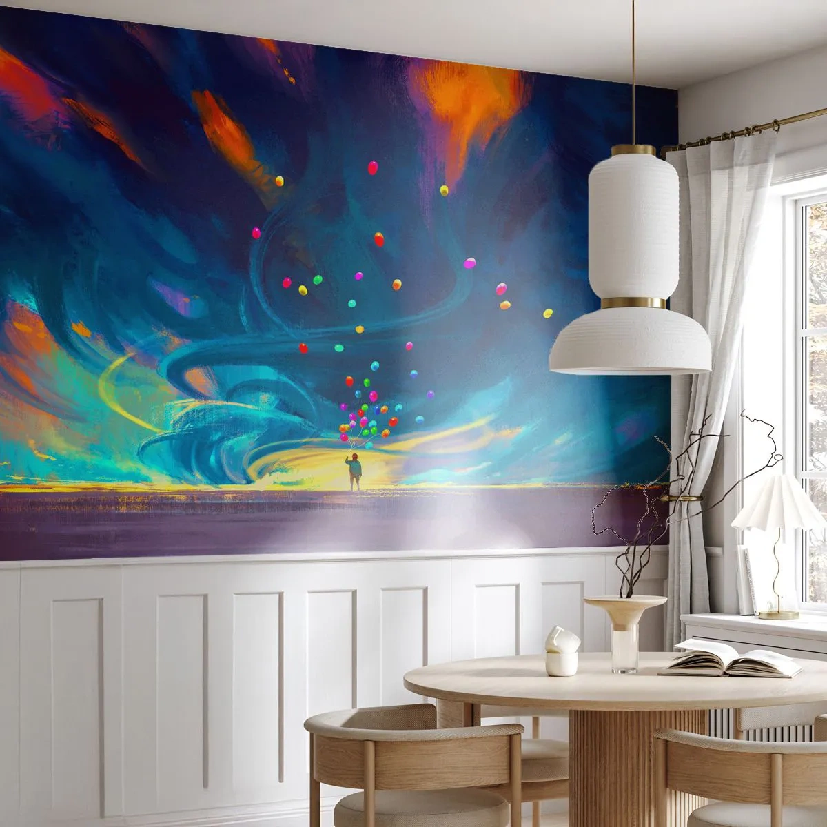 Fototapete Premium Sand - Eine Figur mit Luftballons, die einem wirbelnden Himmel voller Farben zugewandt ist - 100x70cm - Zum blauen Wind - Moderne Wanddekoration für Wohnzimmer und Schlafzimmer ARTTOR