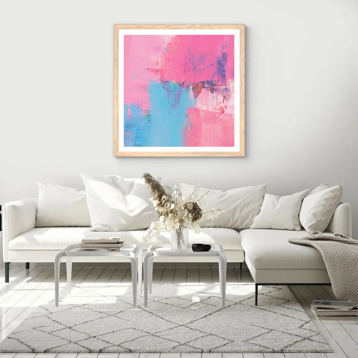 Poster in einem Rahmen aus heller Eiche - Rosa, Blau und eine Prise Licht - 30x30 cm