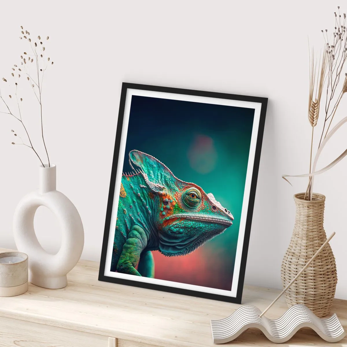 Poster in einem schwarzem Rahmen - Ein farbenfrohes Chamäleon auf auffälligem Hintergrund - 50x70cm - Siehst du mich? Nicht gut… - Moderne Wanddekoration für Wohnzimmer und Schlafzimmer ARTTOR