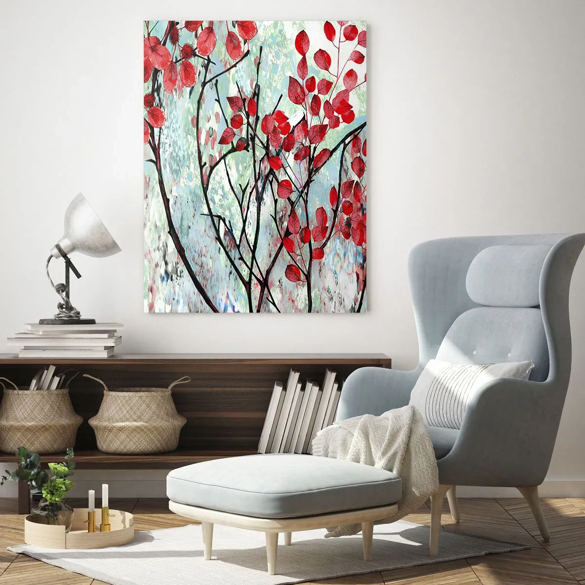 Glasbild - Bild auf glas - Zweige mit roten Blättern auf gemaltem Hintergrund - 50x70cm - Baum in Scharlachrot - Moderne Wanddekoration für Wohnzimmer und Schlafzimmer ARTTOR