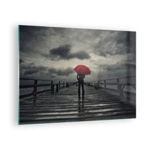 Glasbild - Bild auf glas - Ein Mann mit einem roten Regenschirm auf einem Holzsteg im Regen. - 70x50cm - Es ist egal, dass es regnet - Moderne Wanddekoration für Wohnzimmer und Schlafzimmer ARTTOR