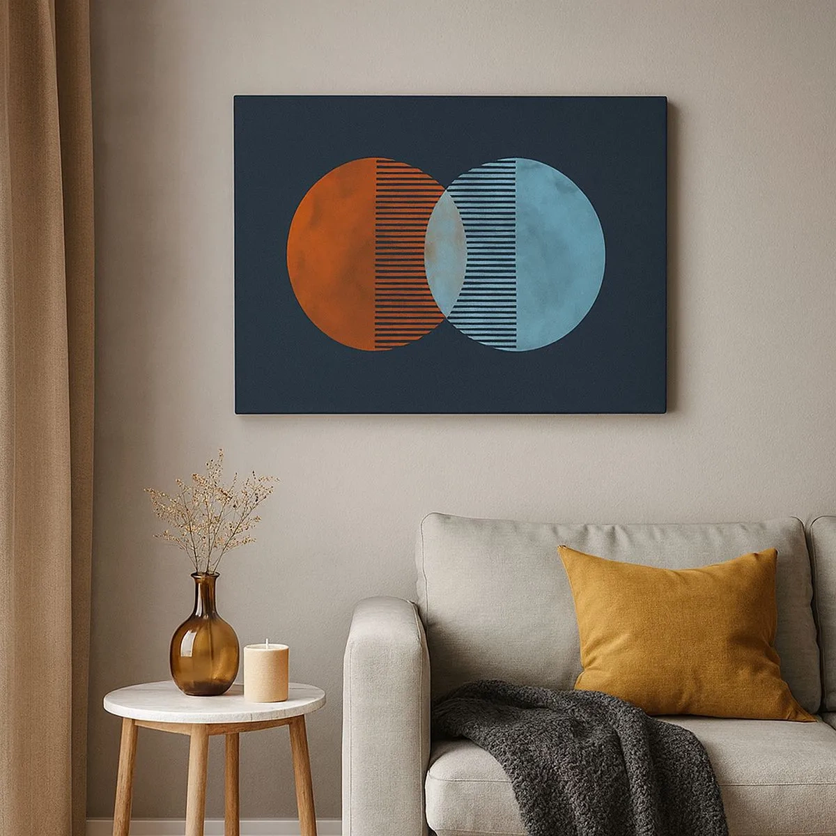 Bild auf Leinwand - Leinwandbild - Zwei orange und blaue Kreise auf dunklem Hintergrund - 70x50cm - Astronomische Fantasie - Moderne Wanddekoration für Wohnzimmer und Schlafzimmer ARTTOR