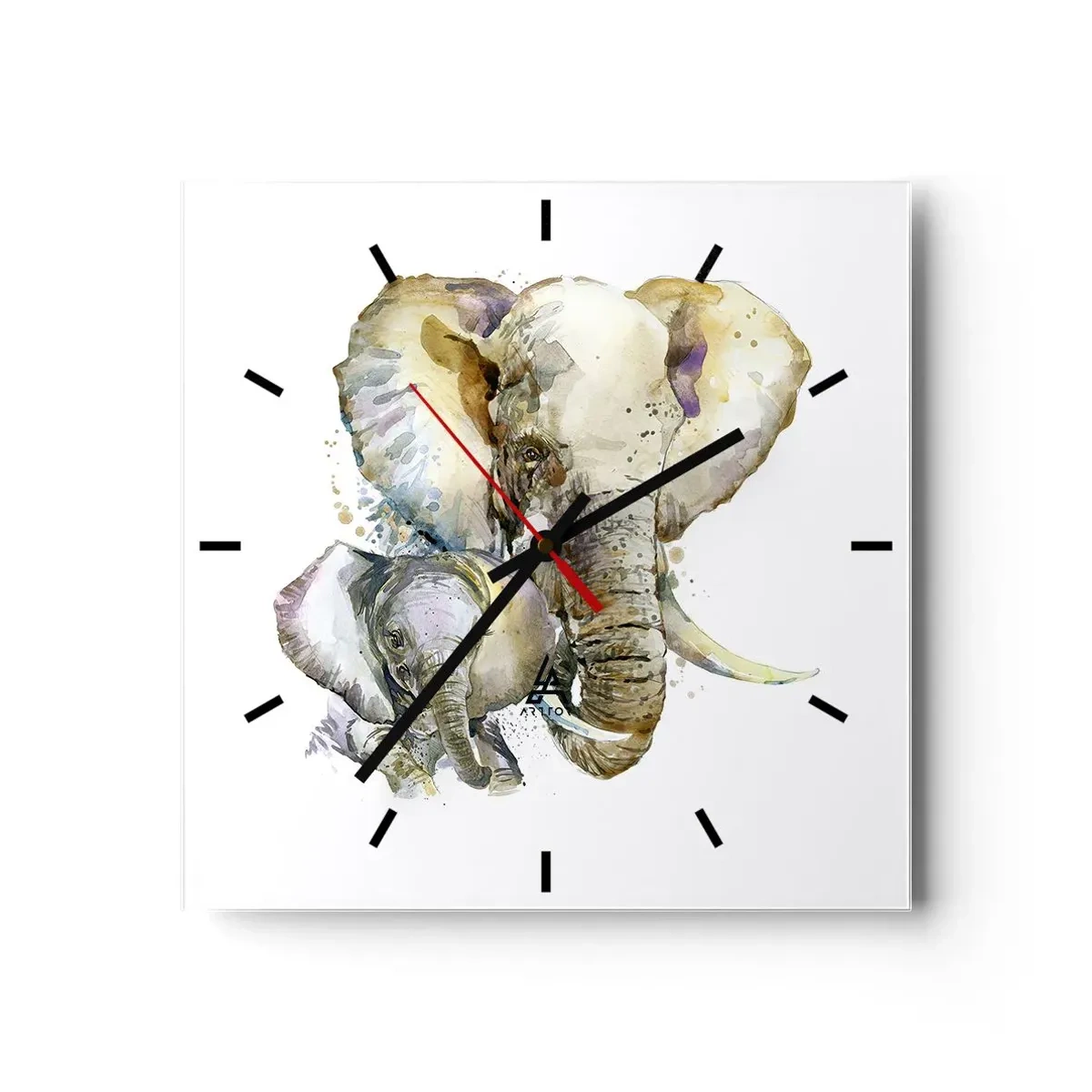 Wanduhr - Glasuhr - Aquarell-Elefanten in dezenten Farben - 30x30cm - Mama ist kein Zuhause - Moderne Wanddekoration für Wohnzimmer und Schlafzimmer ARTTOR