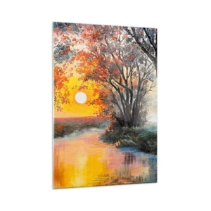 Glasbild - Bild auf glas - Sonnenuntergang über dem Fluss zwischen den Bäumen - 50x70cm - Herbststimmung - Moderne Wanddekoration für Wohnzimmer und Schlafzimmer ARTTOR